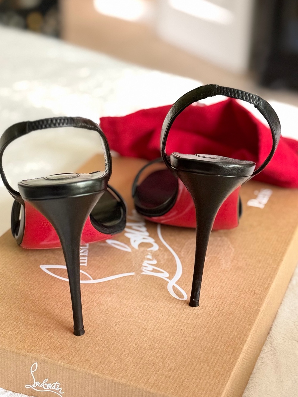 Christian Louboutin Black Leather Open-Toe Slingback Heels with Red Sole - Picture 7 of 10